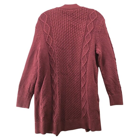 L.L. Bean Cable Knit Cardigan Womens M Burgundy Open Front Longline Cotton - Picture 2 of 9